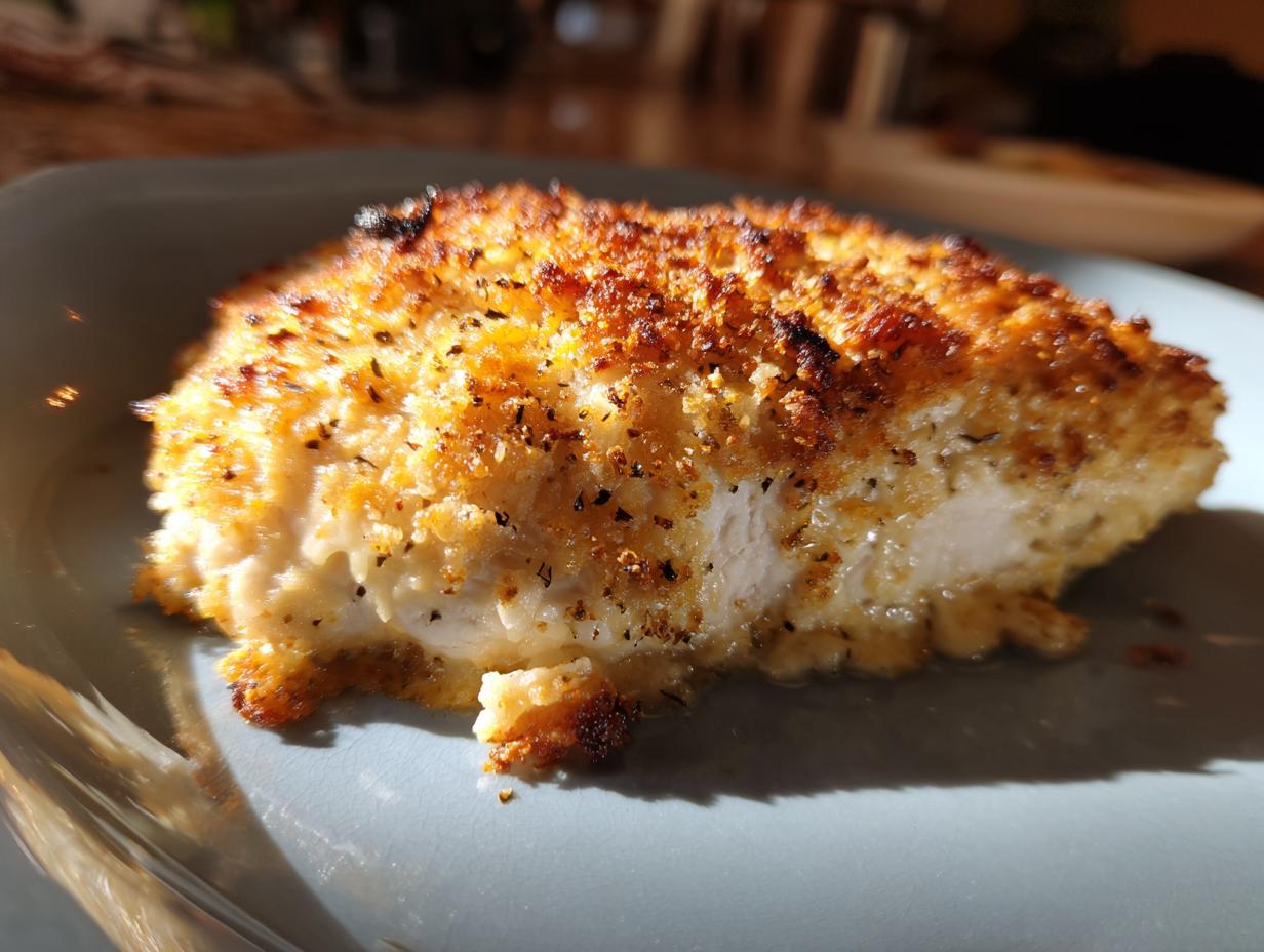 A close-up of a perfectly cooked, breaded chicken breast, showcasing its tender interior and crispy golden-brown coating.