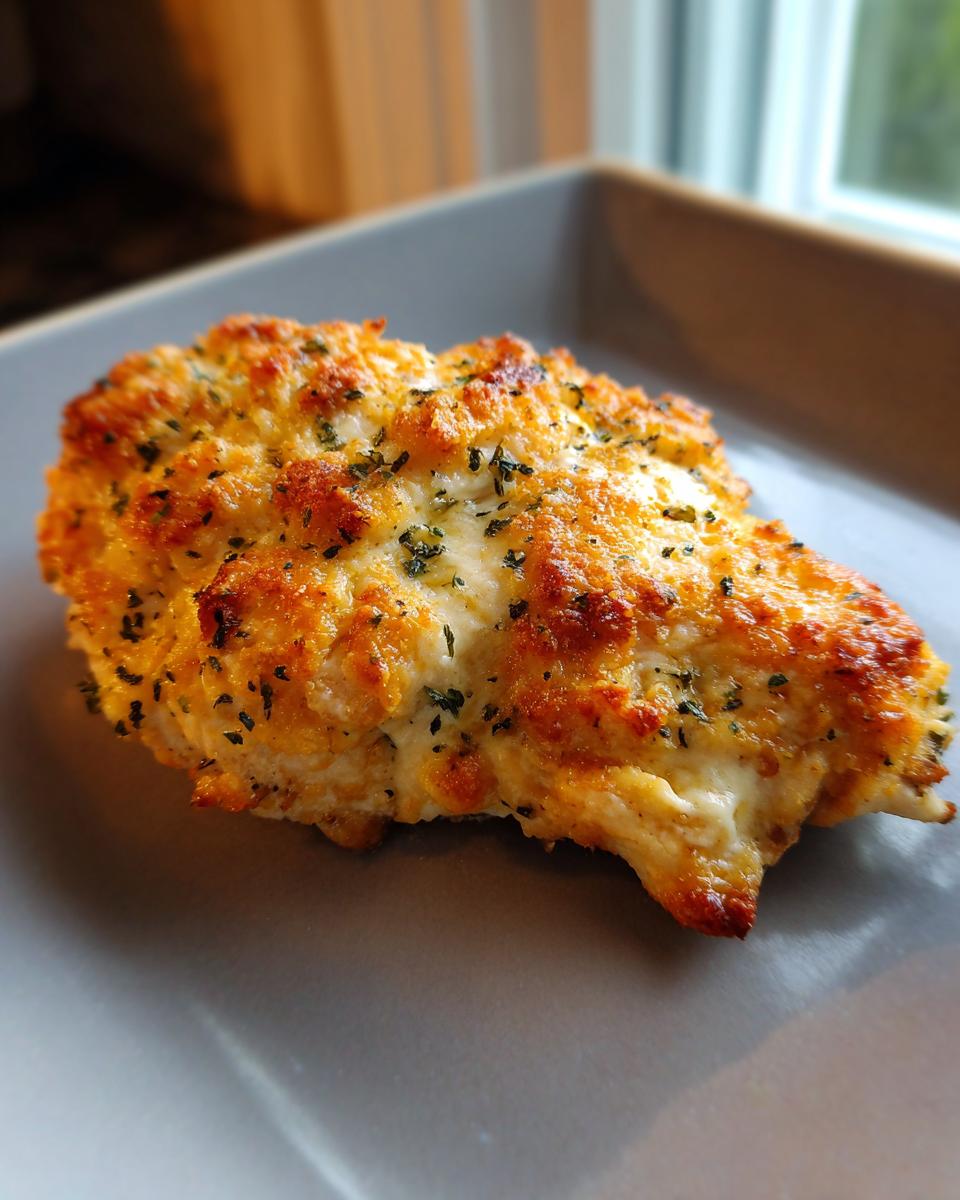 A close-up of a golden-brown, cheesy baked chicken breast, seasoned with herbs, for melt-in-your-mouth chicken.