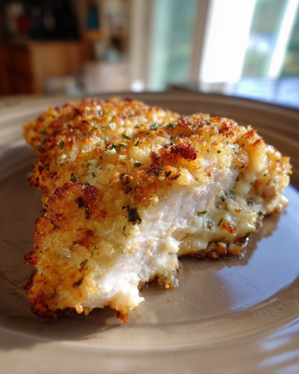 Close-up of a piece of melt-in-your-mouth chicken with a golden, crispy breadcrumb crust and visible herbs.
