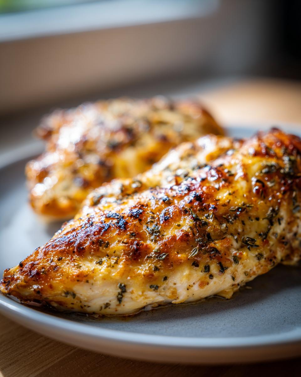 Close-up of two perfectly cooked Melt-in-your-mouth chicken breasts seasoned with herbs on a grey plate.
