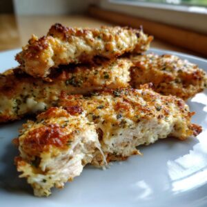 Close-up of golden-brown, cheesy melt-in-your-mouth chicken pieces seasoned with herbs.