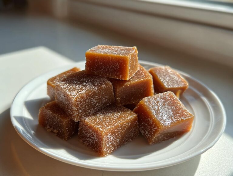 A pile of chewy microwave caramels dusted with sugar on a white plate, bathed in sunlight.