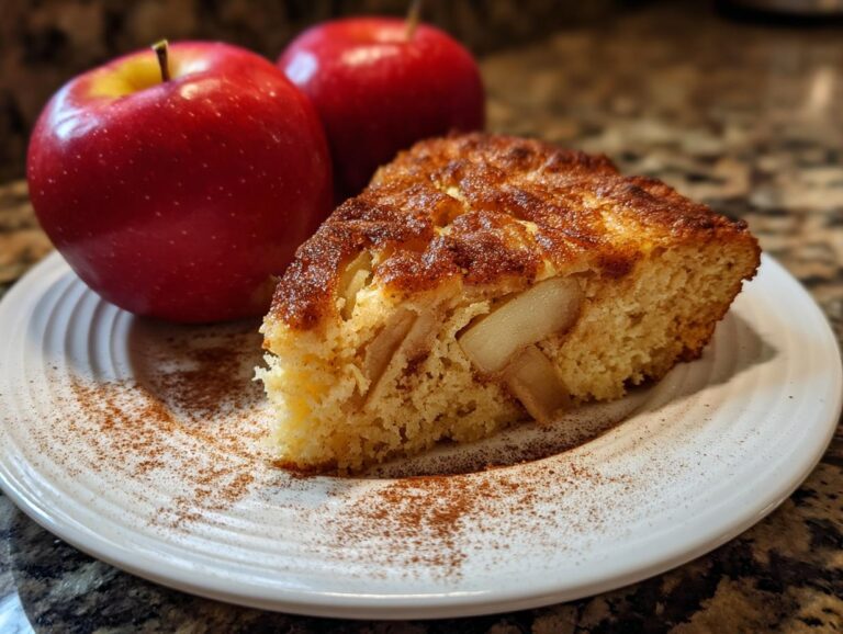 A slice of moist apple cake on a white plate, dusted with cinnamon, next to two fresh red apples.