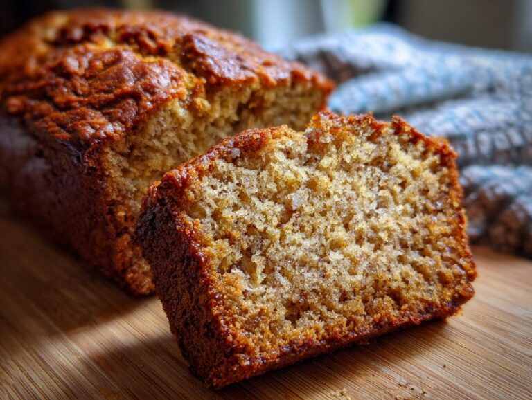 Close-up of a slice of moist banana bread on a wooden cutting board.