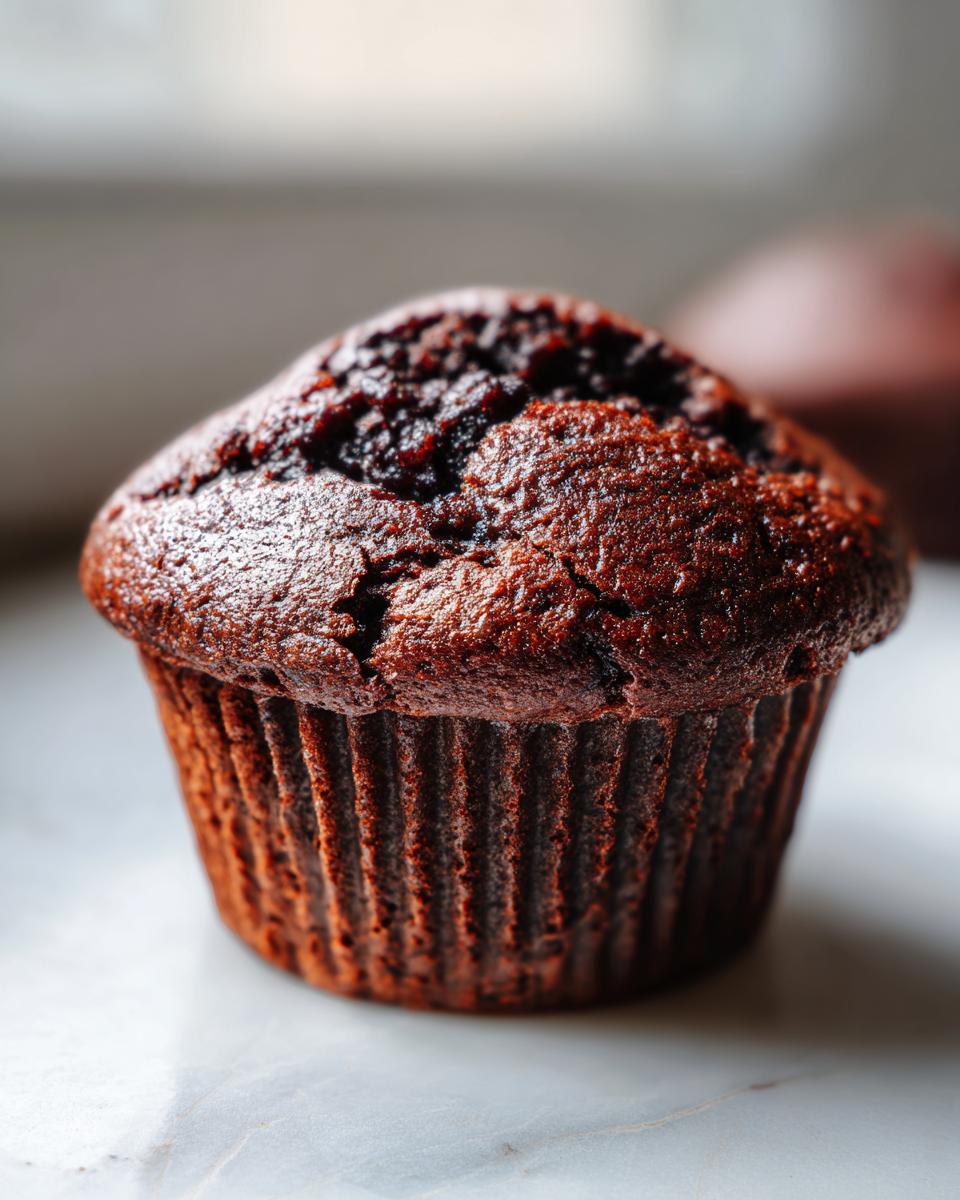 A close-up of a perfectly baked, moist chocolate cupcake with a rich, dark crumb.