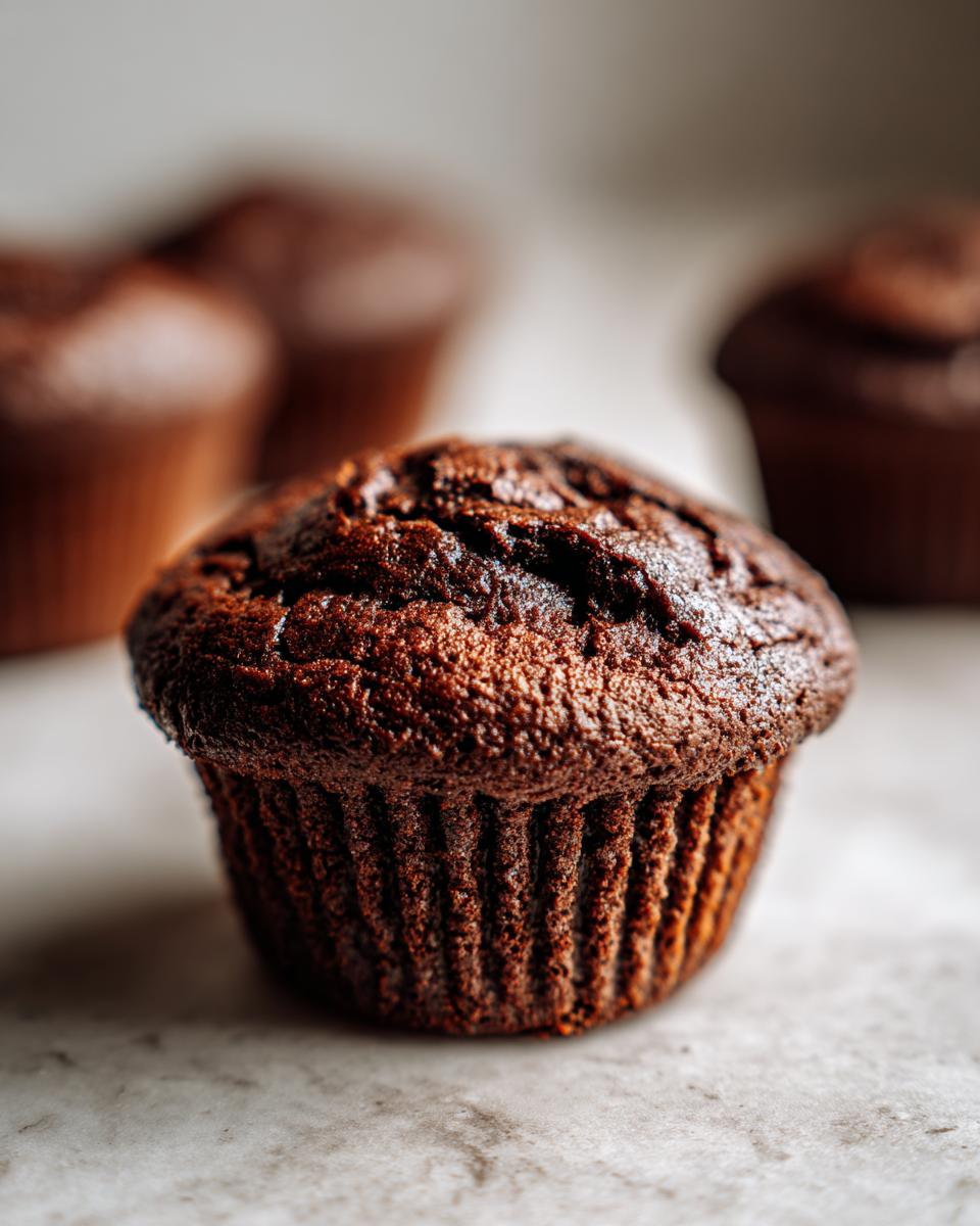 A close-up of a moist chocolate cupcake with a slightly cracked top, showcasing its rich texture.