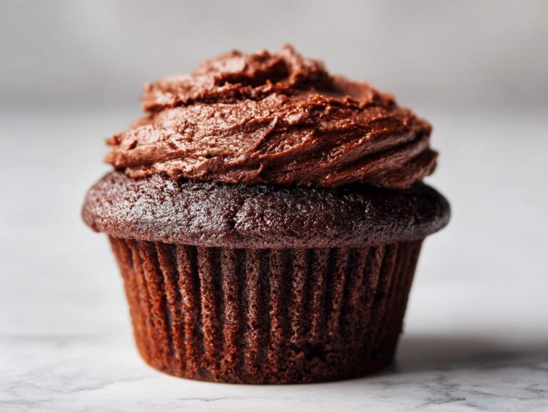 A close-up of a moist chocolate cupcake topped with rich chocolate frosting.