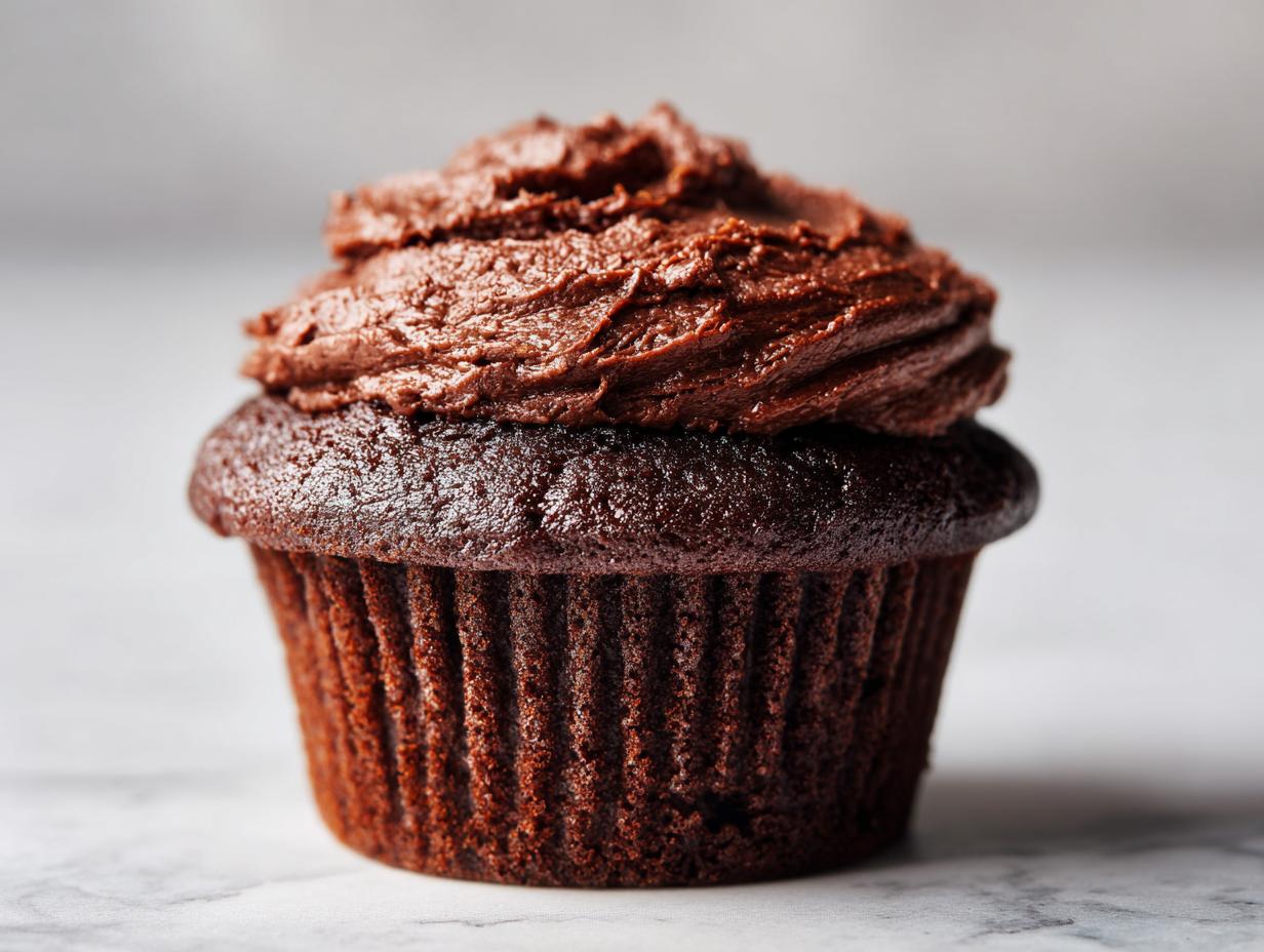A close-up of a moist chocolate cupcake topped with rich chocolate frosting.