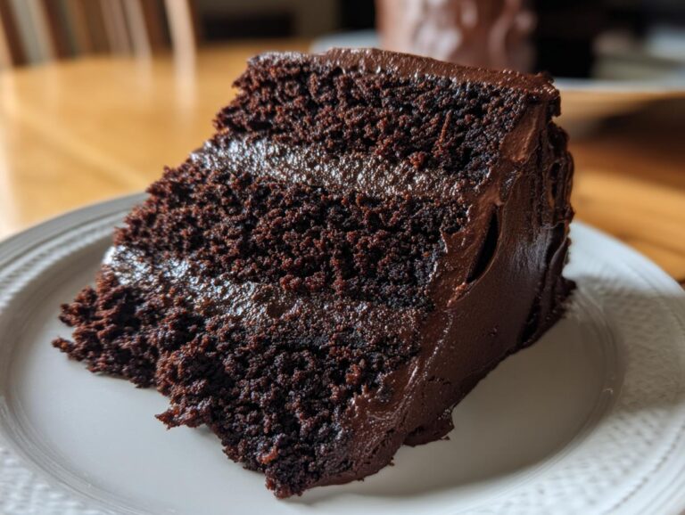 A generous slice of moist and easy chocolate cake with rich chocolate frosting on a white plate.