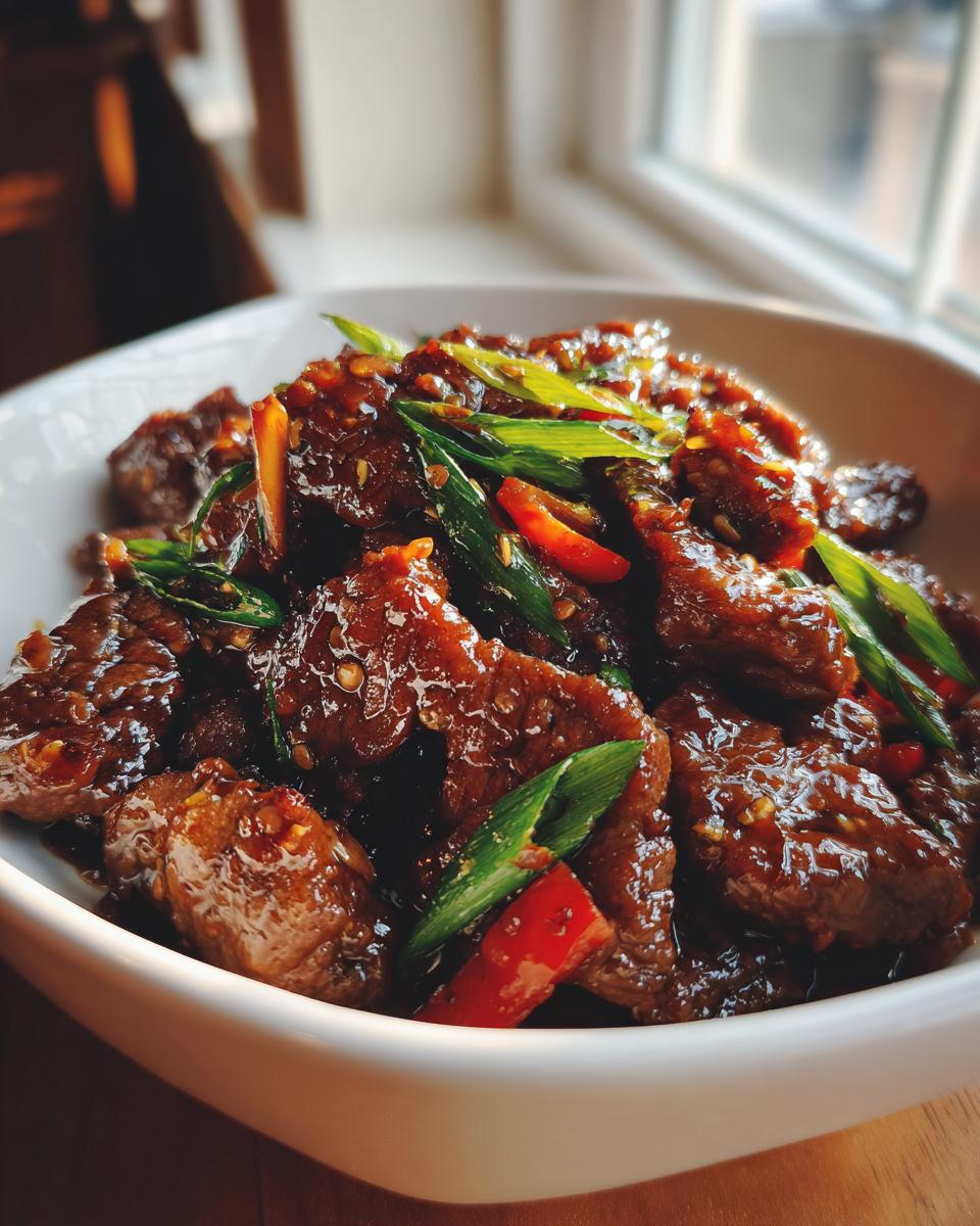 A close-up of delicious Mongolian beef in a white bowl, garnished with green onions and red chili peppers.