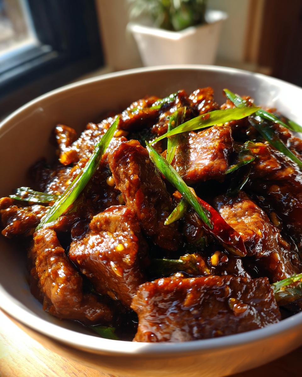 Close-up of glossy, saucy Mongolian beef with fresh green onions and a hint of chili.
