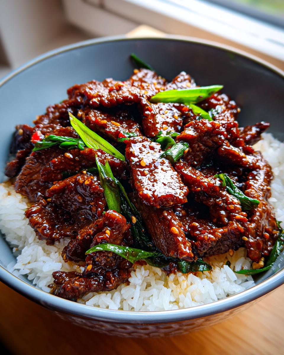 A close-up of savory Mongolian beef served over a bed of fluffy white rice, garnished with green onions.