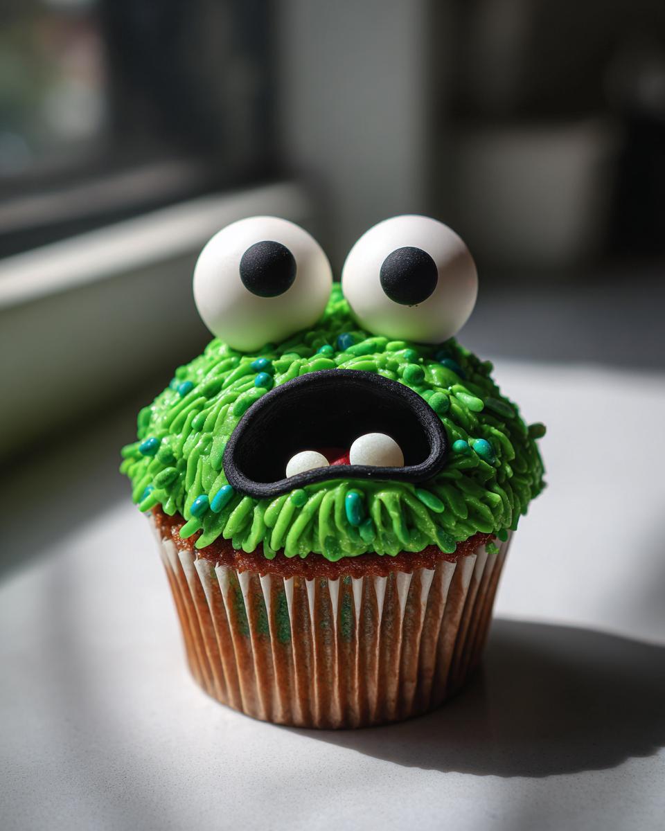 A close-up of a fun monster cupcake decorated with green frosting, googly eyes, and a black mouth.