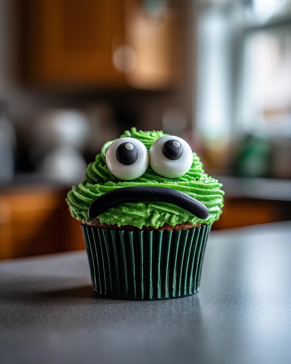 A close-up of a green monster cupcake with large googly eyes and a black curved mouth.