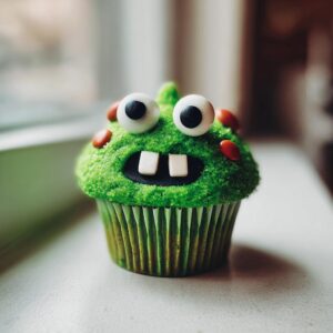 A green monster cupcake with googly eyes, square teeth, and red candy accents.
