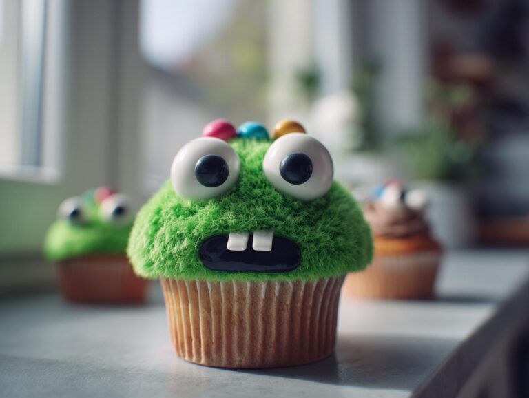 A close-up of a green, fuzzy monster cupcake with googly eyes and buck teeth, part of a batch of fun monster cupcakes.