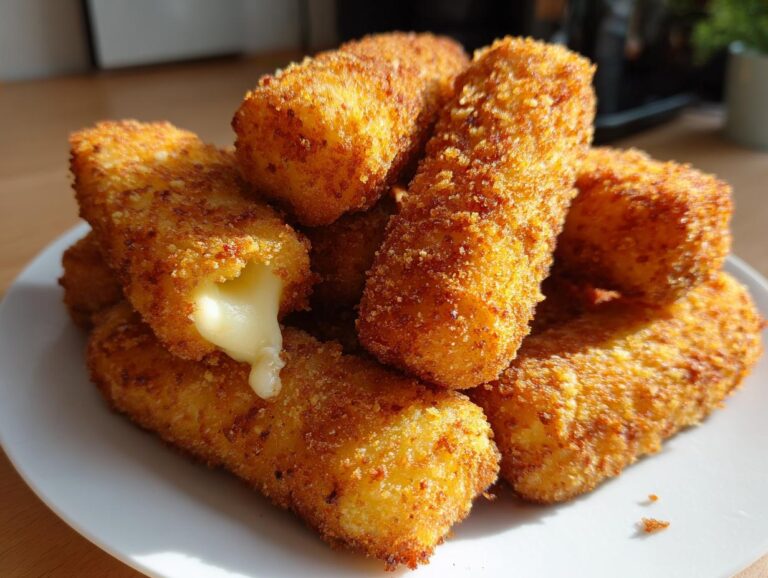 A close-up of golden brown, breaded mozzarella sticks on a white plate, with one stick showing a delicious cheese pull.