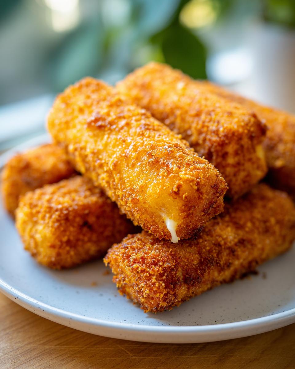 A close-up shot of golden-brown, crispy mozzarella sticks piled on a plate, with one stick showing gooey melted cheese.