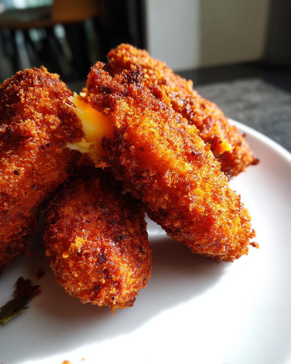 Close-up of golden-brown, crispy mozzarella sticks on a white plate, one is broken open showing melted cheese.
