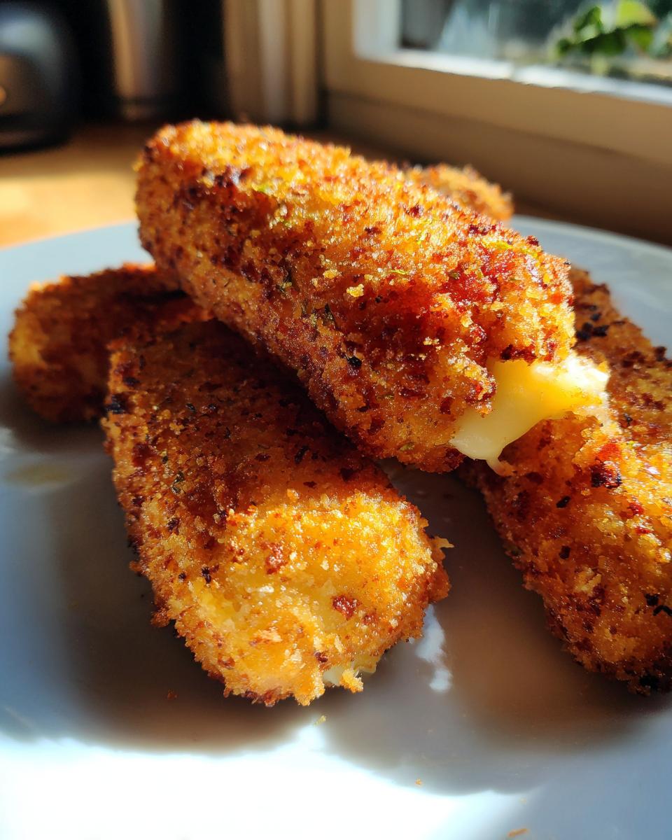 Close-up of crispy, golden-brown mozzarella sticks on a plate, with one stick showing melted cheese oozing out.
