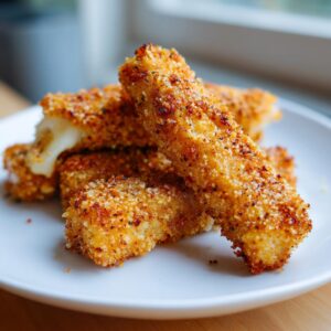 A close-up shot of crispy, golden brown mozzarella sticks on a white plate, with one stick showing gooey, melted cheese.