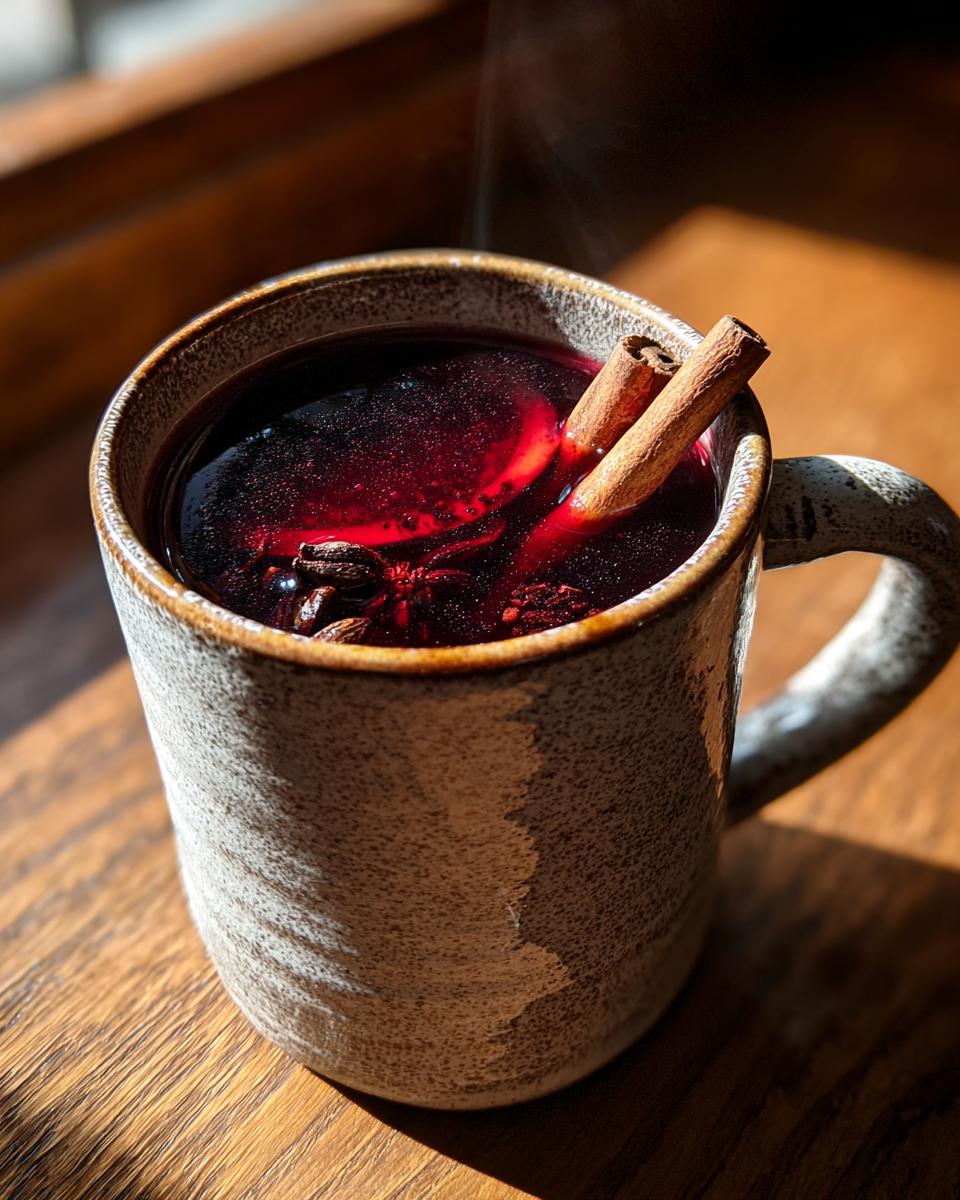 A close-up of a steaming mug filled with rich red mulled wine, garnished with cinnamon sticks and star anise.
