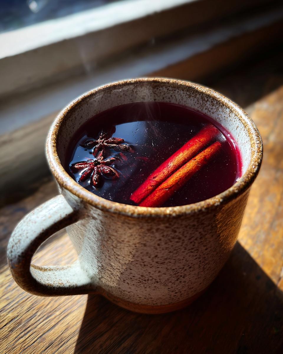 A steaming mug of mulled wine, garnished with star anise and a cinnamon stick, on a wooden surface.
