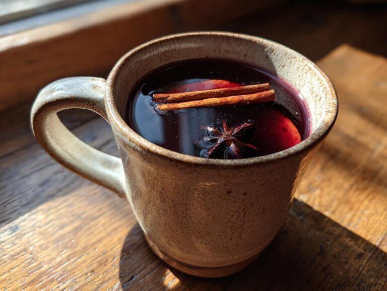 A close-up of a rustic mug filled with warm mulled wine, garnished with cinnamon sticks, star anise, and apple slices.