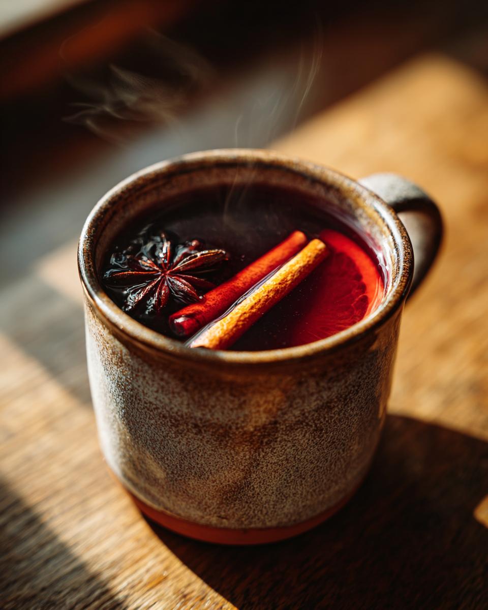 Close-up of a steaming mug of mulled wine, garnished with cinnamon sticks, star anise, and orange slice.