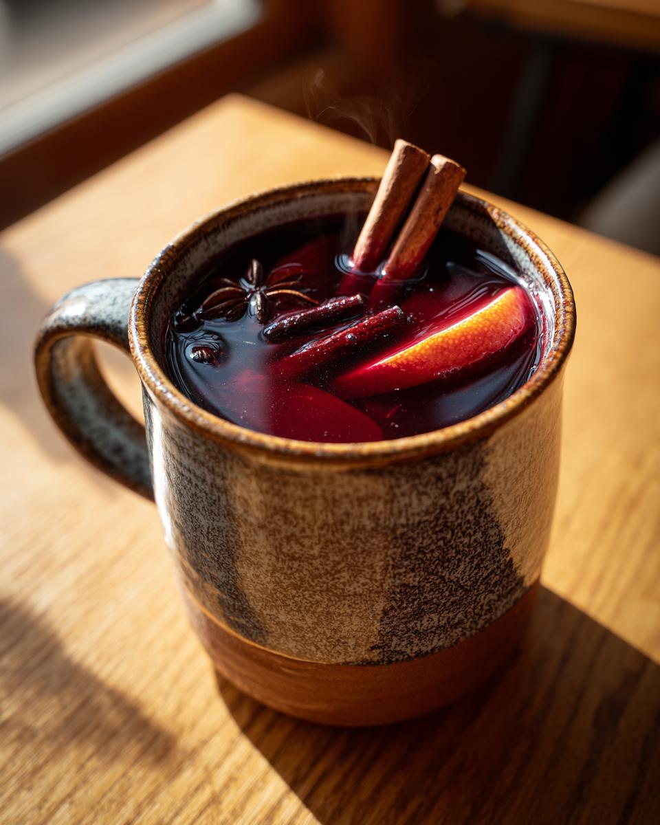 A steaming mug of red mulled wine, garnished with cinnamon sticks, star anise, and orange slices.