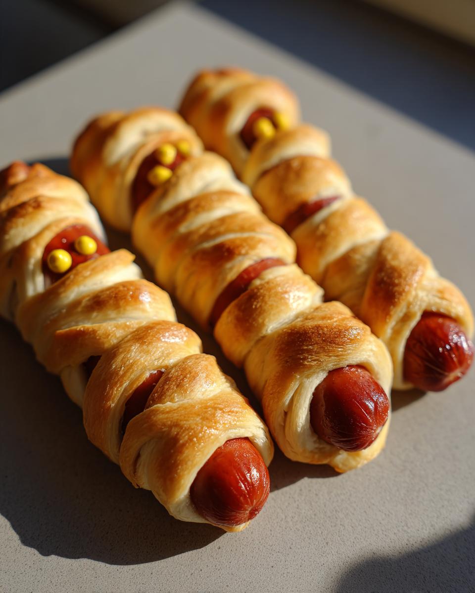 Close-up of four mummy hot dogs wrapped in golden-brown pastry, with candy eyes.