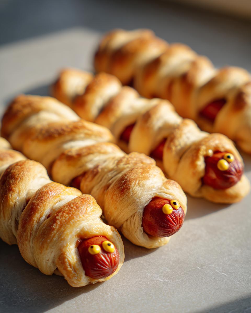 Close-up of spooky mummy hot dogs wrapped in pastry dough with yellow googly eyes.