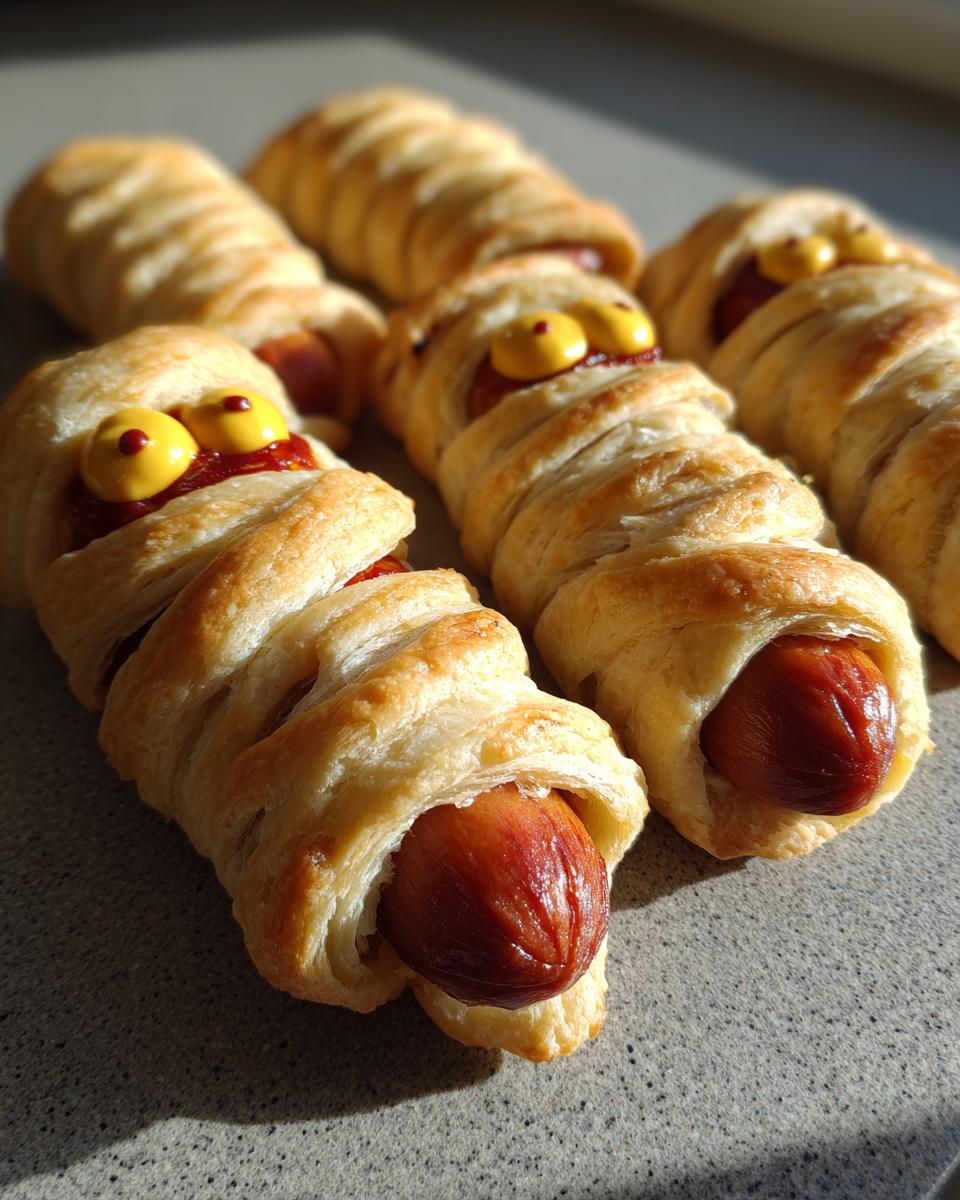 Close-up of several mummy hot dogs wrapped in pastry with ketchup and mustard eyes.