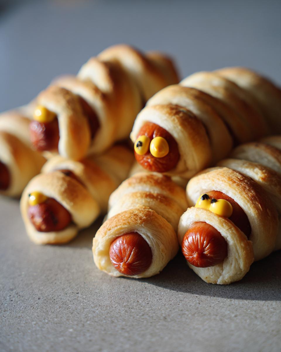 Close-up of several mummy hot dogs, wrapped in pastry with mustard eyes, ready for a Halloween party.