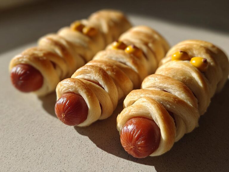 Three mummy hot dogs wrapped in pastry dough with mustard eyes, ready for a Halloween party.