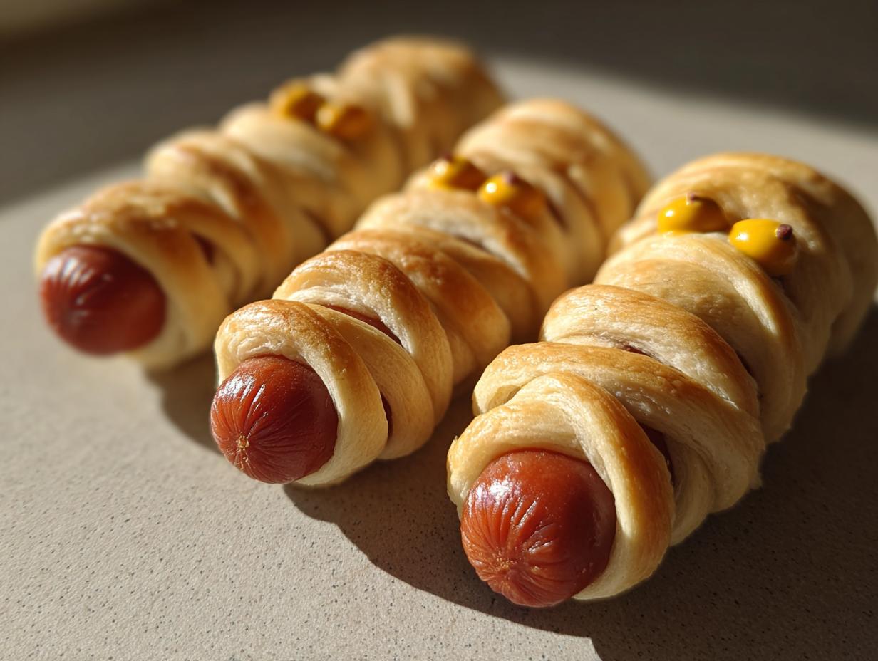 Three mummy hot dogs wrapped in pastry dough with mustard eyes, ready for a Halloween party.
