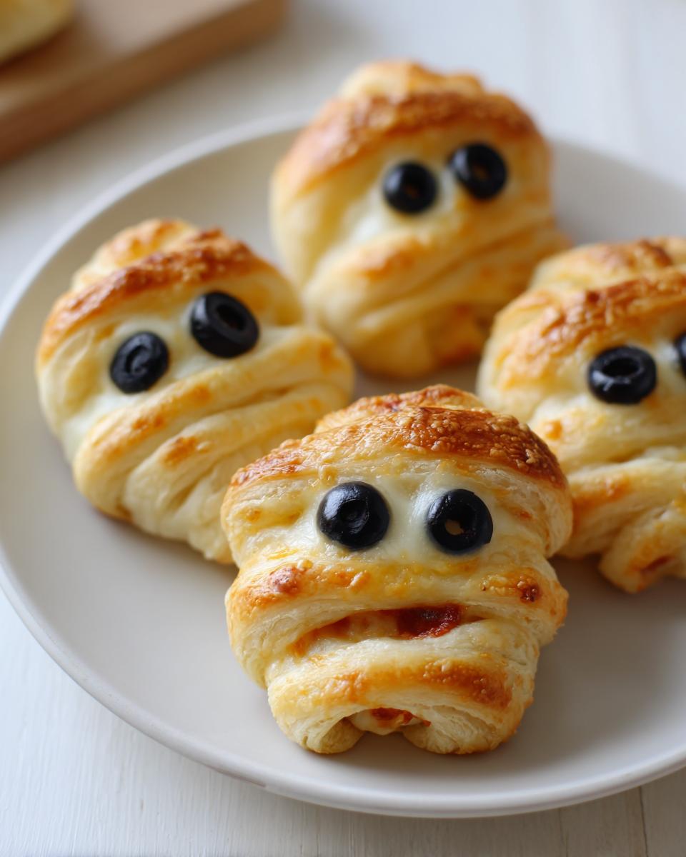 Four adorable mummy pizza bites with black olive eyes arranged on a white plate, perfect for Halloween.