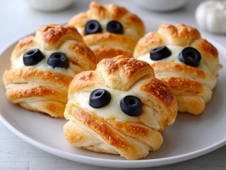 Four adorable mummy pizza bites with golden pastry and black olive eyes arranged on a white plate.