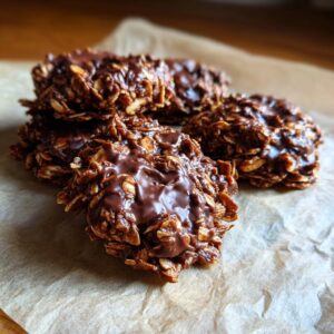 Close-up of no bake chocolate peanut butter cookies with oats and melted chocolate.