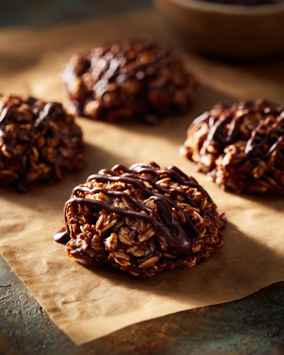 Close-up of delicious no bake chocolate peanut butter cookies drizzled with extra chocolate.