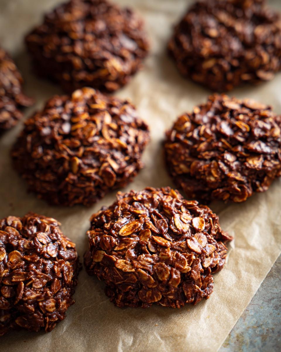 Close-up of several no bake chocolate peanut butter cookies on parchment paper.