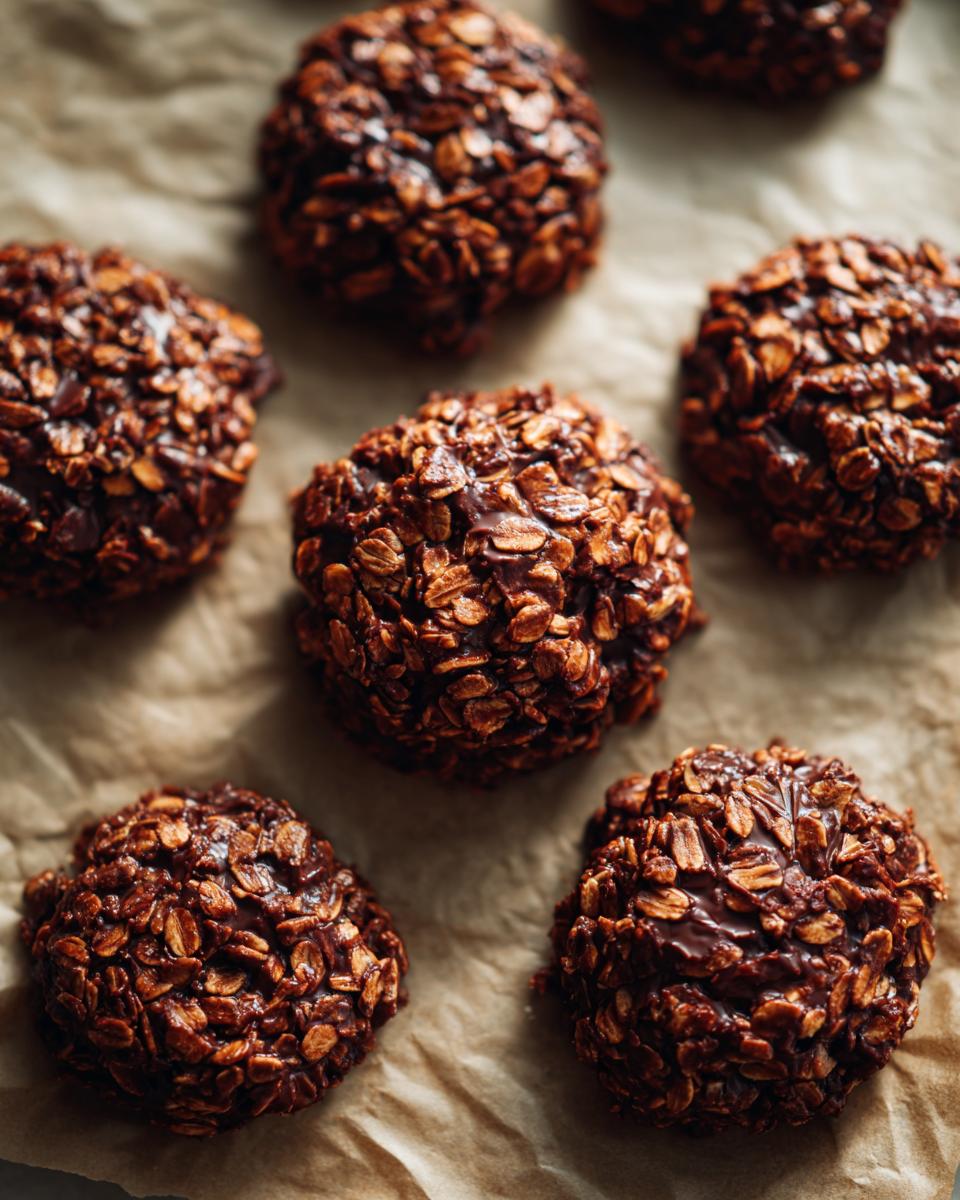 A close-up of several no bake chocolate peanut butter cookies made with oats on parchment paper.