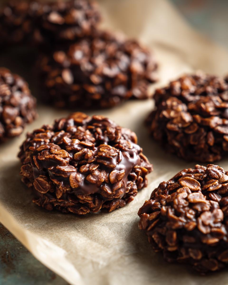 Close-up of several no bake chocolate peanut butter cookies made with oats and chocolate.