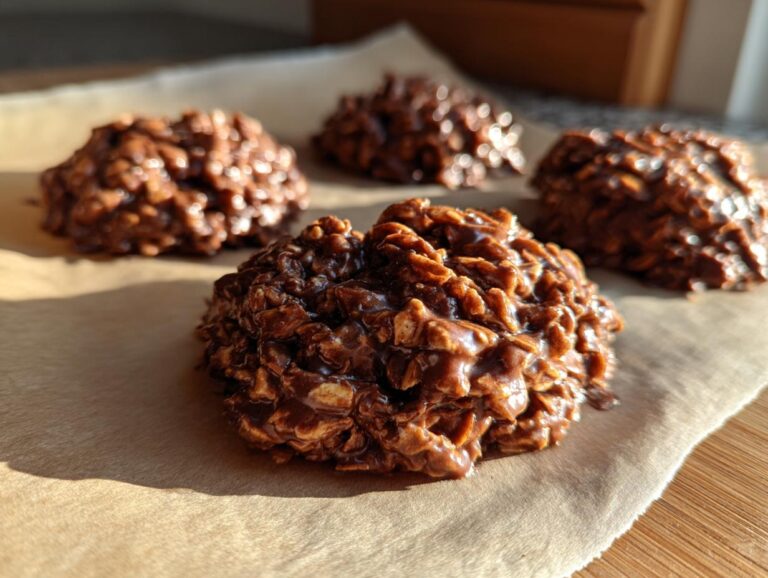 Close-up of delicious no bake chocolate peanut butter cookies on parchment paper.