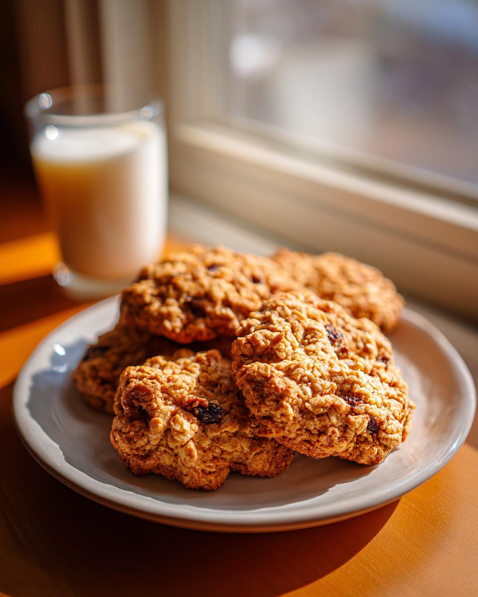 A close-up of several golden-brown oatmeal raisin cookies piled on a white plate, with a glass of milk in the background.