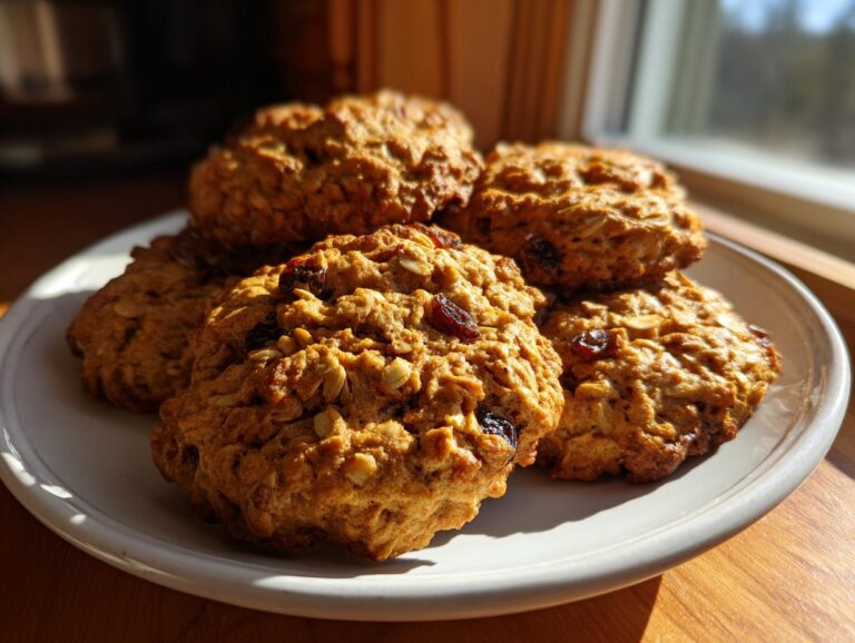 A close-up of several golden brown oatmeal raisin cookies piled on a white plate.