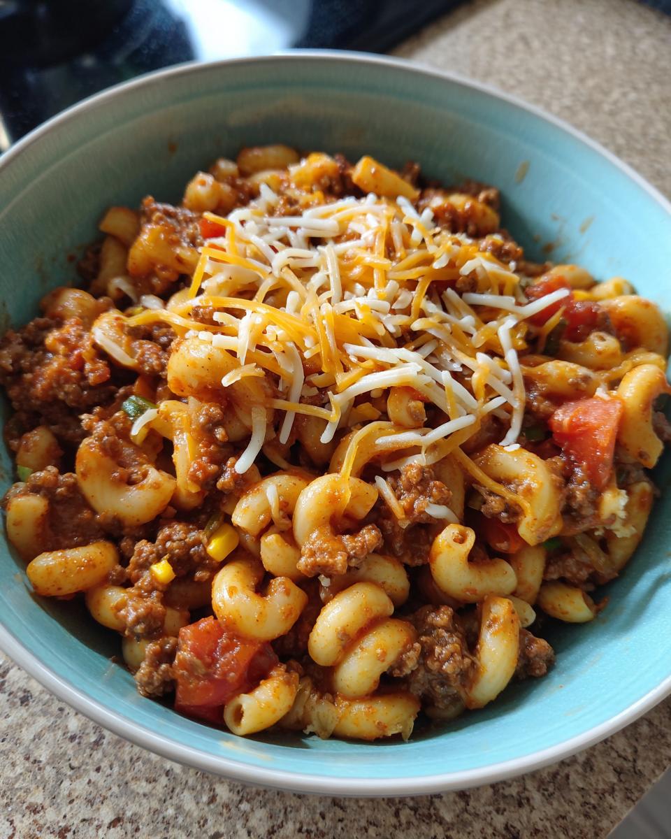 A close-up of a bowl of One-Pot Taco Pasta topped with shredded cheese.