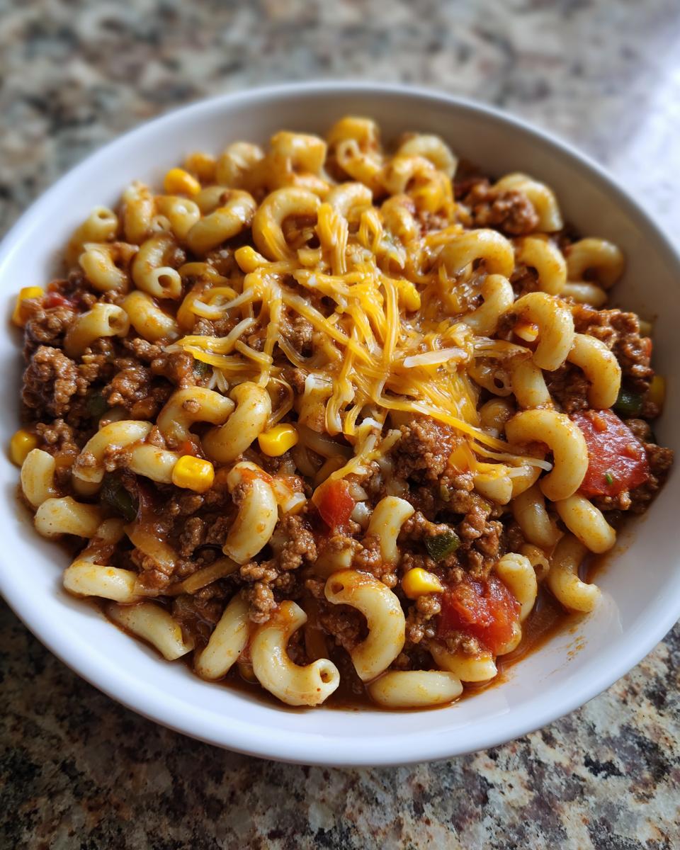 A close-up of a bowl of One-Pot Taco Pasta topped with melted shredded cheese and corn.