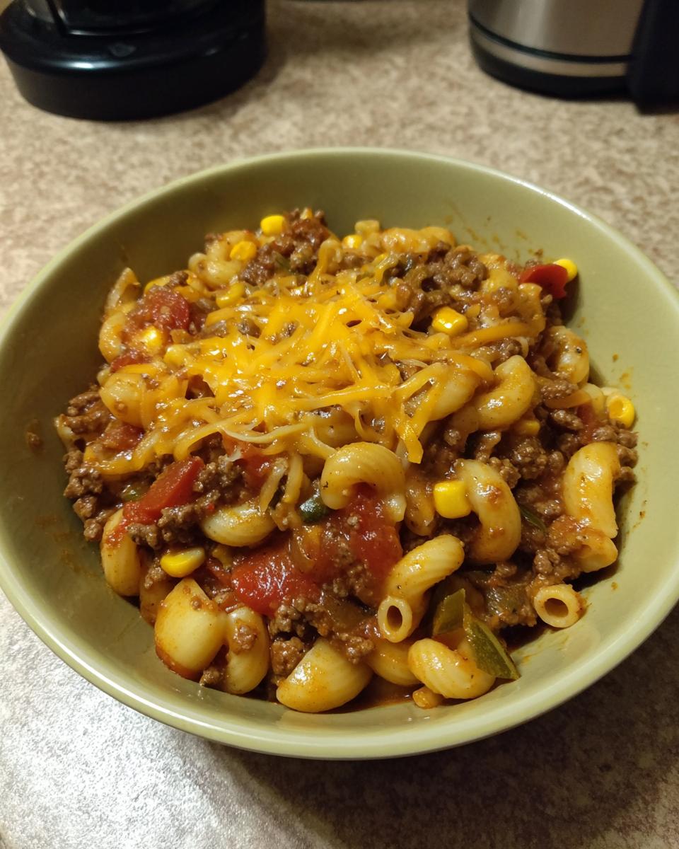 A bowl of delicious one-pot taco pasta topped with melted cheddar cheese and corn.