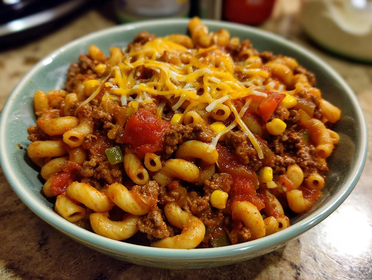 A close-up of a bowl of delicious one-pot taco pasta topped with melted shredded cheese.